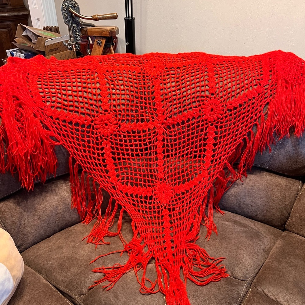 Vibrant Red Crochet Shawl with Fringe - Picture 7 of 9
